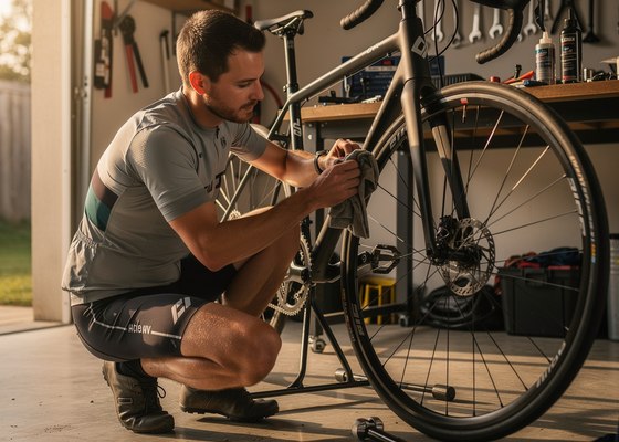Cyclist wiping down a bike chain with a rag in a home garage