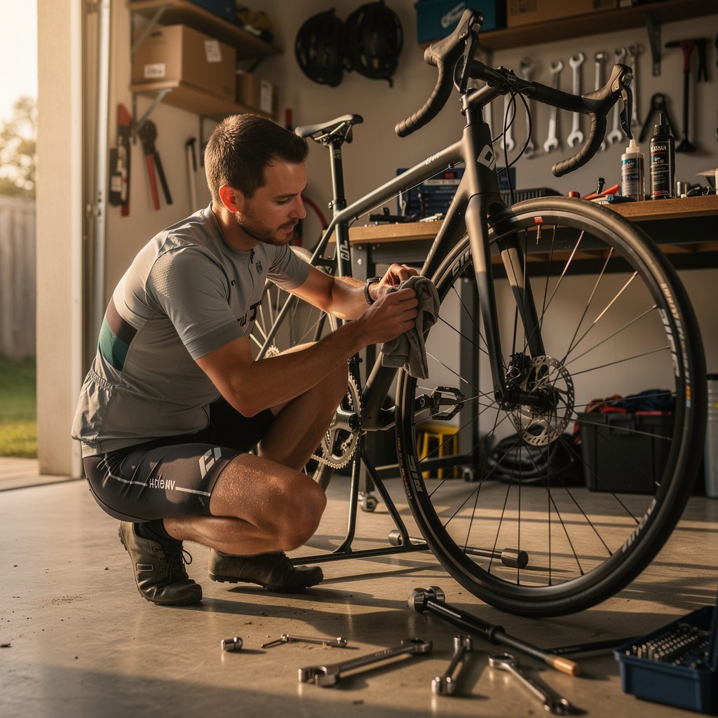 Cyclist wiping down a bike chain with a rag in a home garage