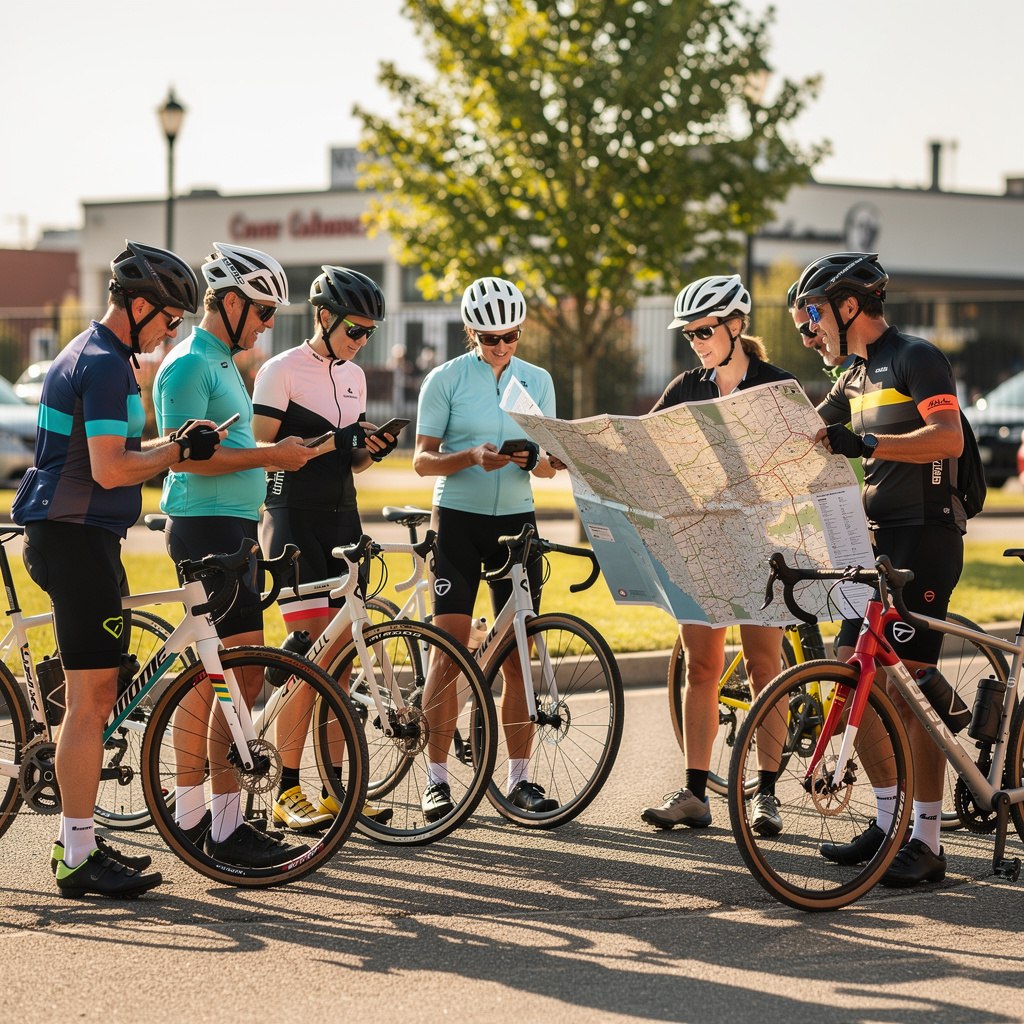 A group of cyclists gathered at a starting point before a group ride