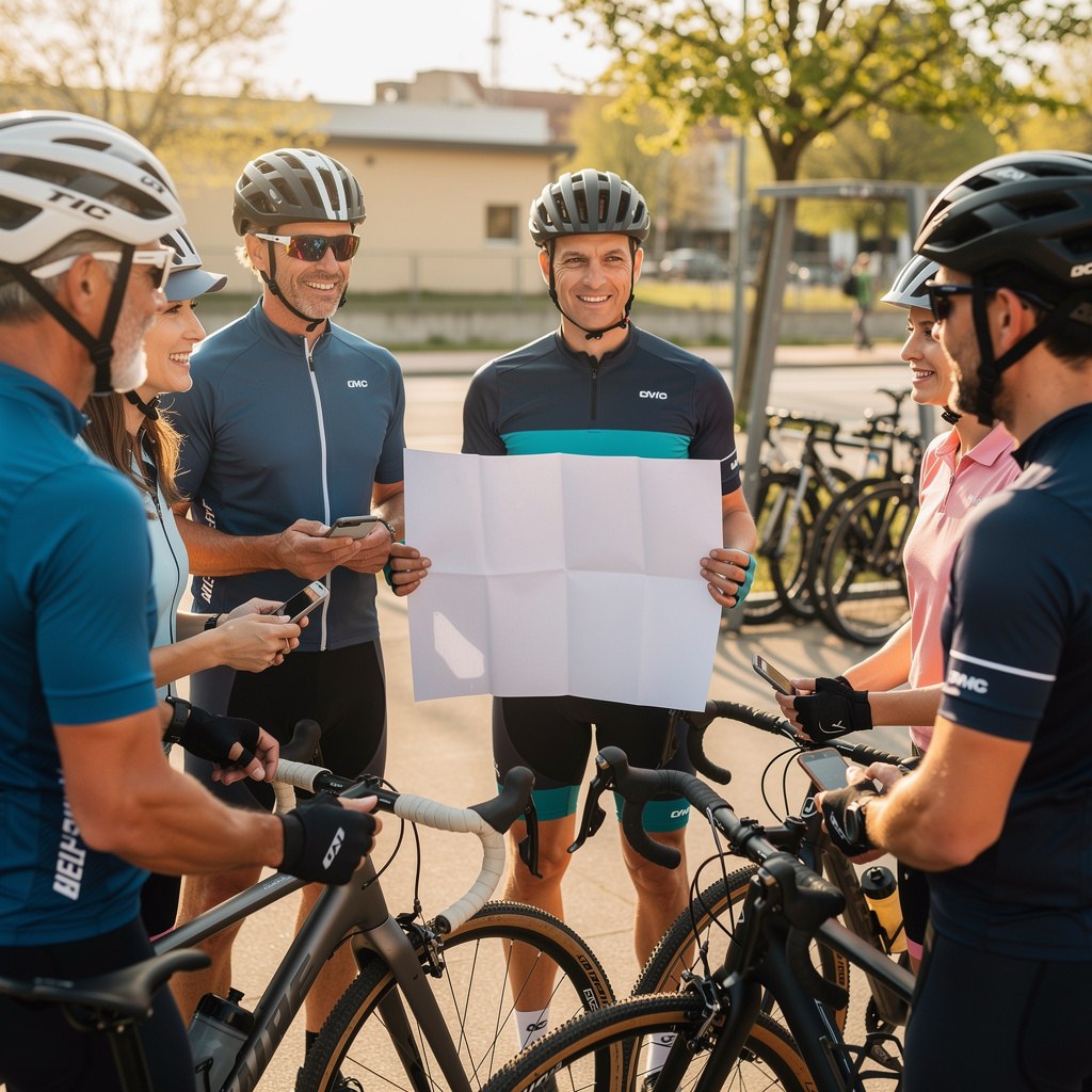 A group of cyclists gathered at a starting point before a group ride