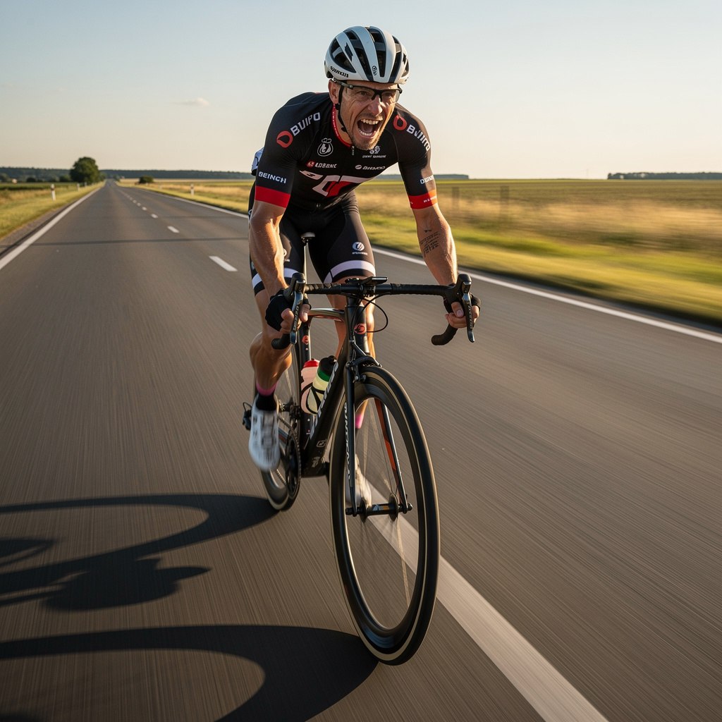 Cyclist pushing hard during a high-intensity interval on a road bike