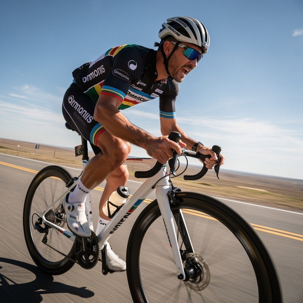 Cyclist pushing hard during a high-intensity interval on a road bike