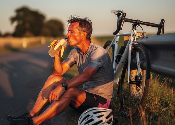Cyclist sitting on a curb eating a recovery snack after a ride
