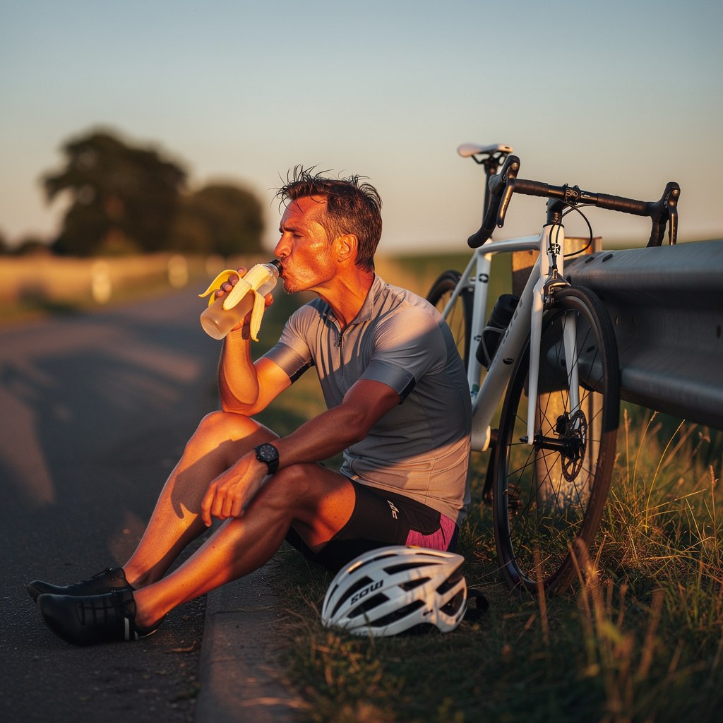 Cyclist sitting on a curb eating a recovery snack after a ride