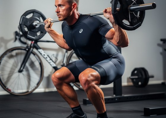 Cyclist performing a barbell squat in a gym with a road bike nearby