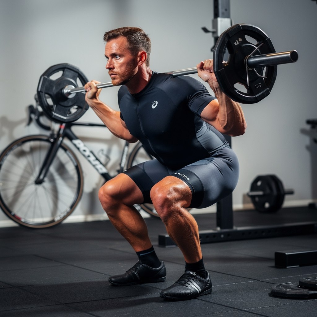 Cyclist performing a barbell squat in a gym with a road bike nearby