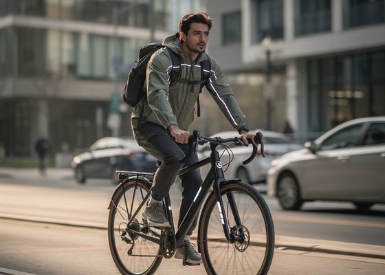 Cyclist in casual street clothing riding a city bike through an urban street