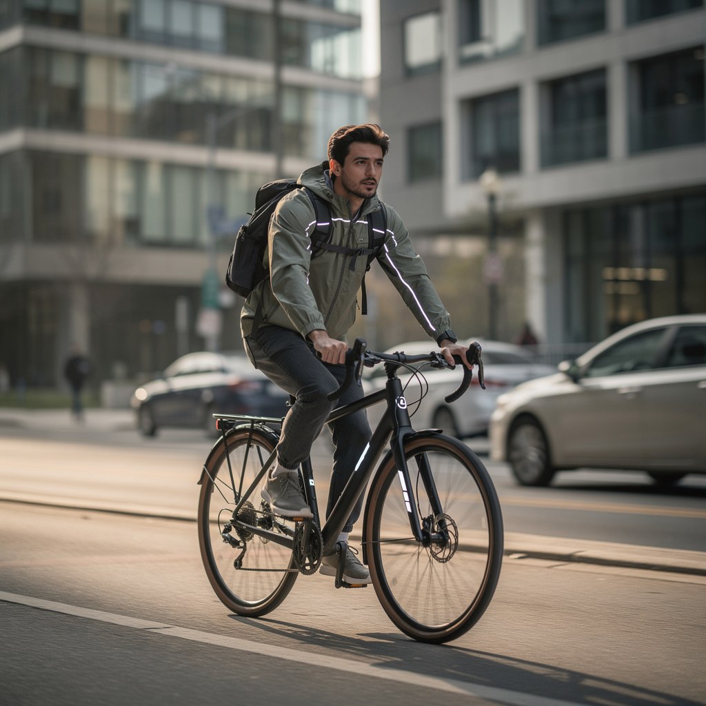 Cyclist in casual street clothing riding a city bike through an urban street